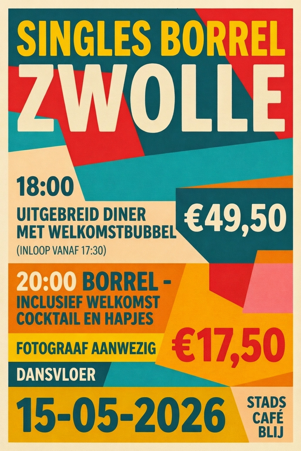 Poster van de Singles Borrel Zwolle editie van 15 mei 2026